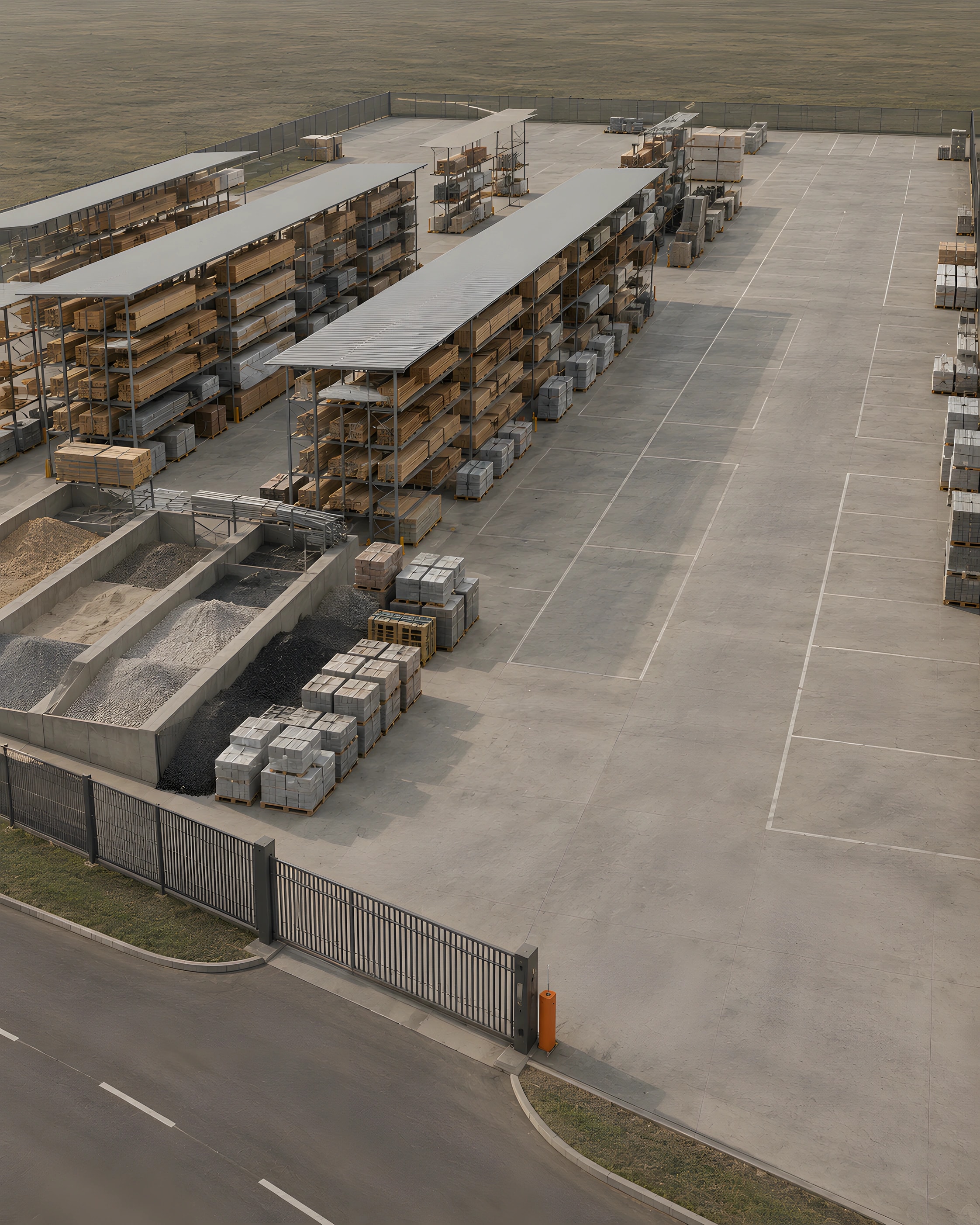 Aerial view of a builders merchant yard with covered timber racking