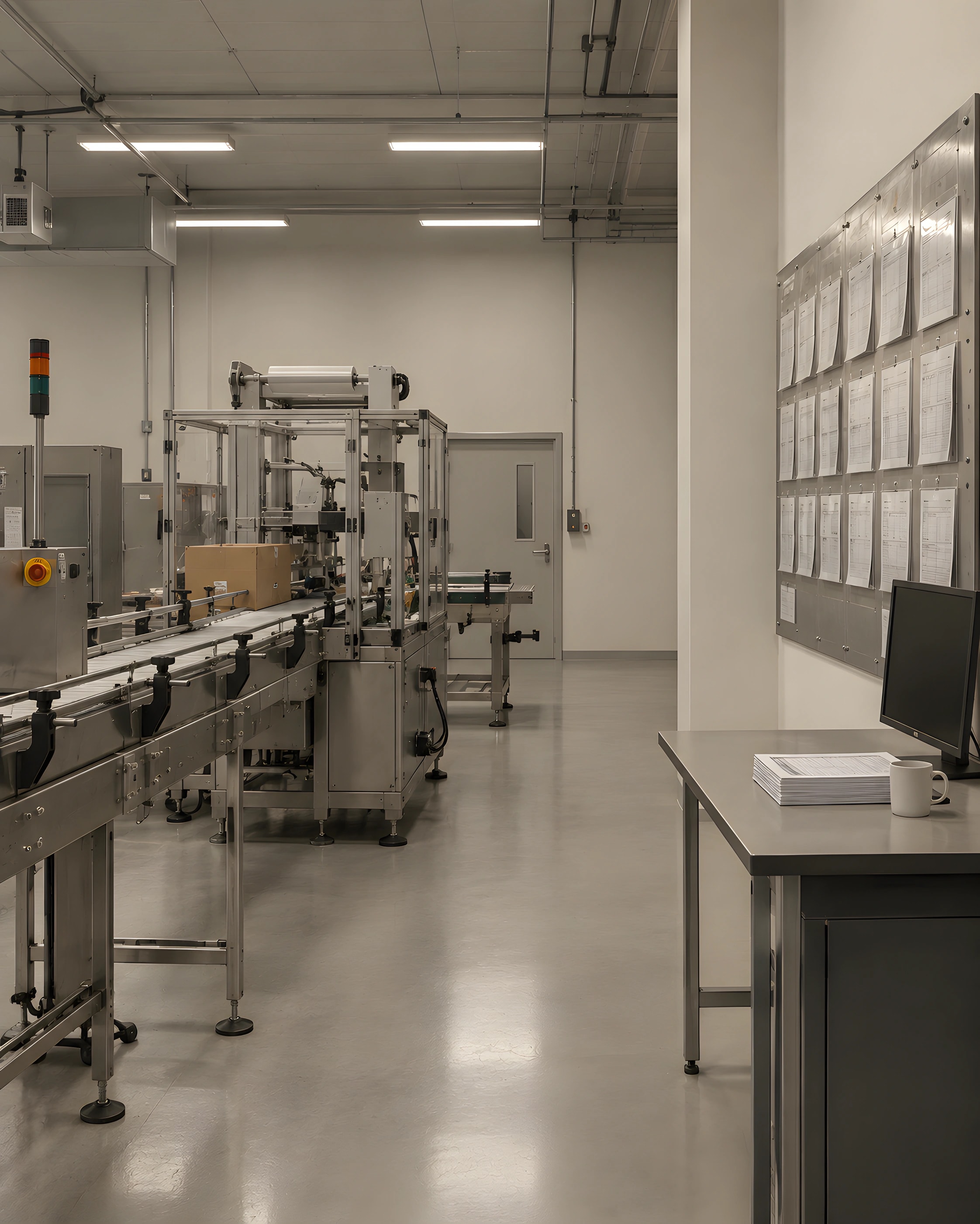 Packing line and supervisor's desk inside a contract packing hall
