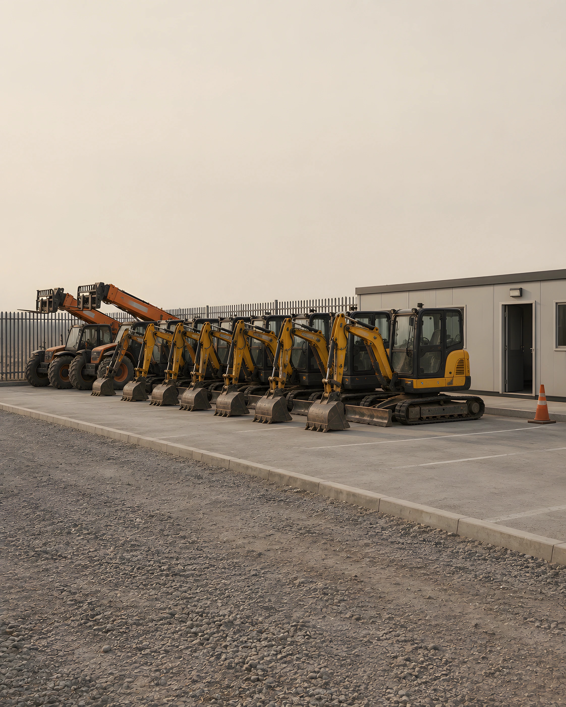Row of excavators lined up in a plant hire depot